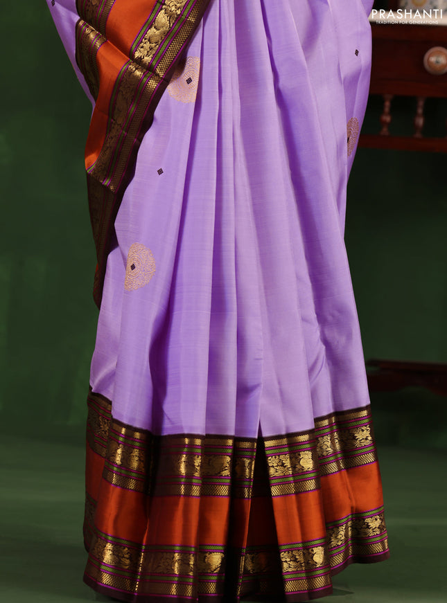 Lavender-Coffee brown Pure Kanchipuram Silk Saree With Zari woven Buttas