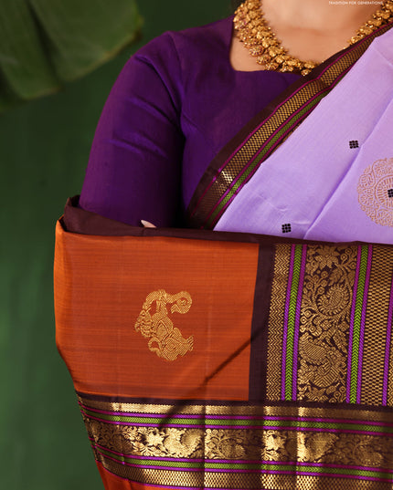 Lavender-Coffee brown Pure Kanchipuram Silk Saree With Zari woven Buttas