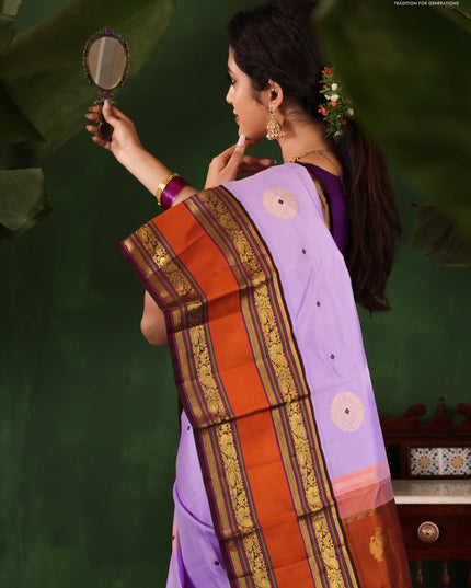 Lavender-Coffee brown Pure Kanchipuram Silk Saree With Zari woven Buttas