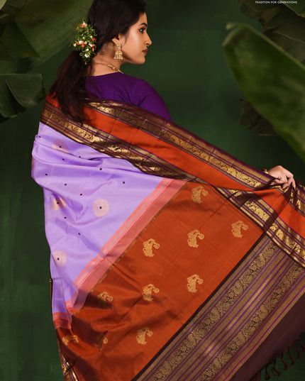 Lavender-Coffee brown Pure Kanchipuram Silk Saree With Zari woven Buttas