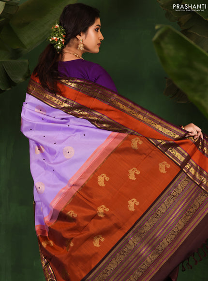 Lavender-Coffee brown Pure Kanchipuram Silk Saree With Zari woven Buttas