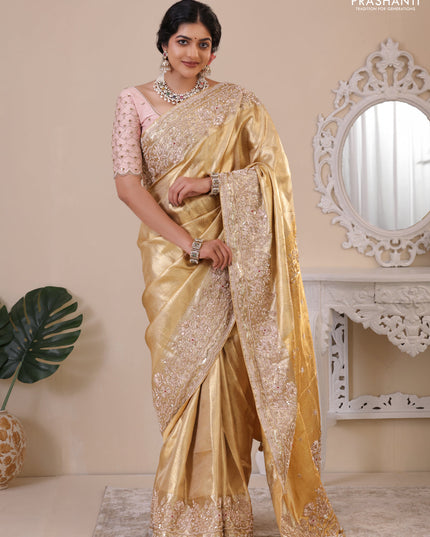 Golden Pure Tissue kanchipuram silk saree with embroidery border