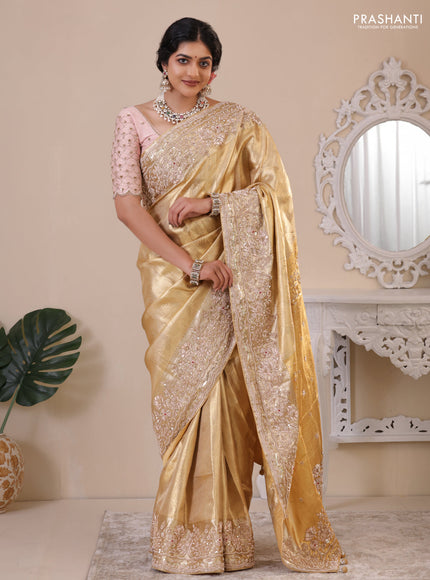 Golden Pure Tissue kanchipuram silk saree with embroidery border