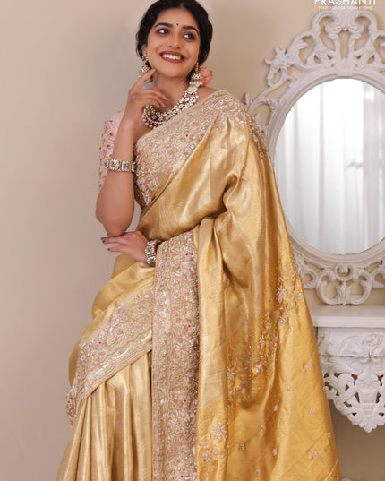 Golden Pure Tissue kanchipuram silk saree with embroidery border