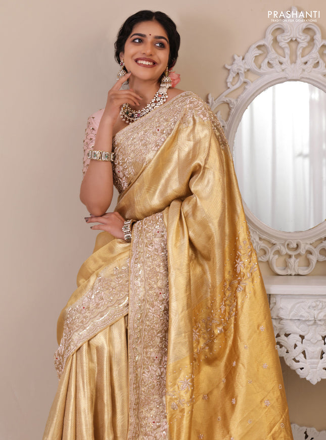 Golden Pure Tissue kanchipuram silk saree with embroidery border