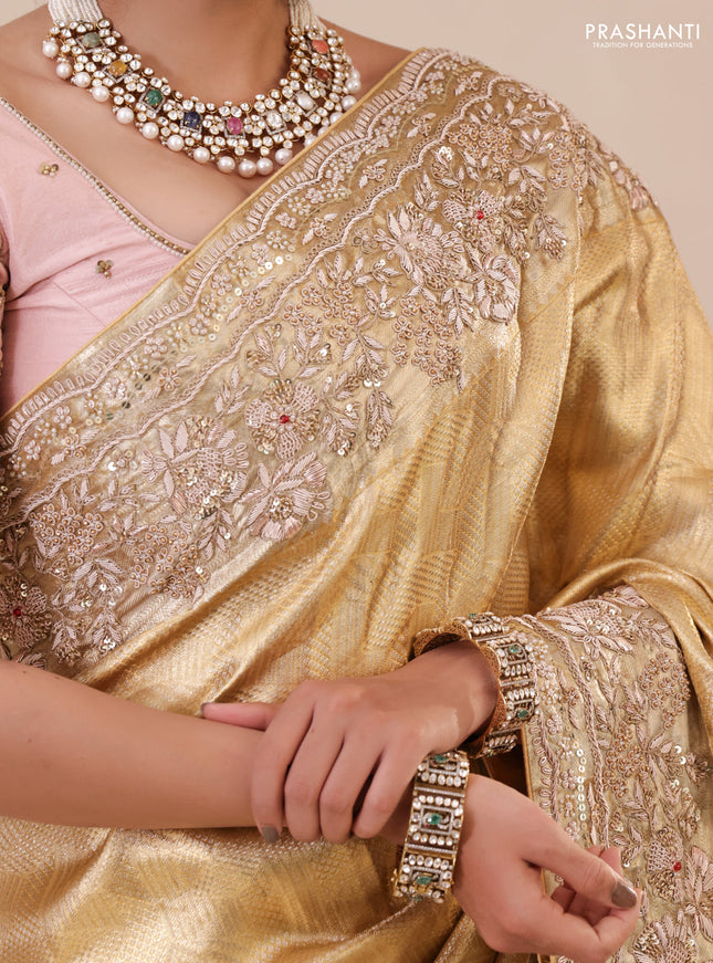 Golden Pure Tissue kanchipuram silk saree with embroidery border