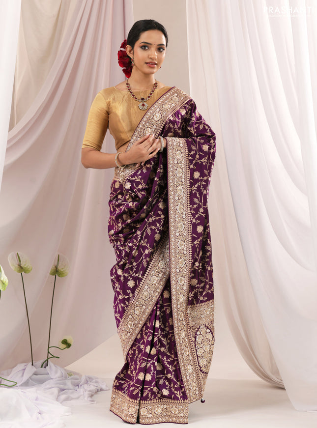 Purple Banarasi Uppada silk saree with allover zari weaves & embroidery border