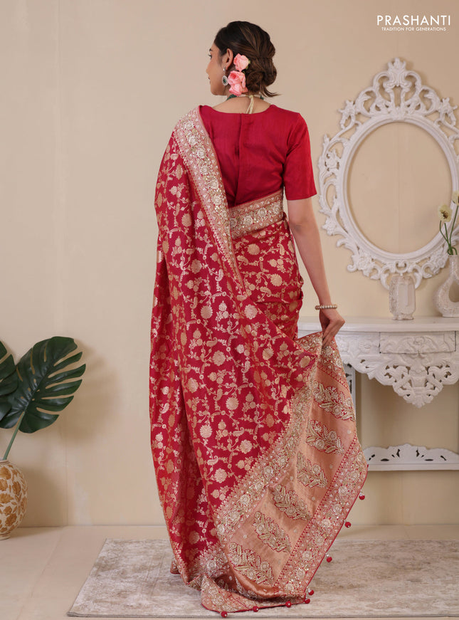 Pink Banarasi Uppada silk saree with allover zari weaves & embroidery border