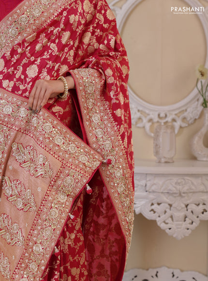 Pink Banarasi Uppada silk saree with allover zari weaves & embroidery border
