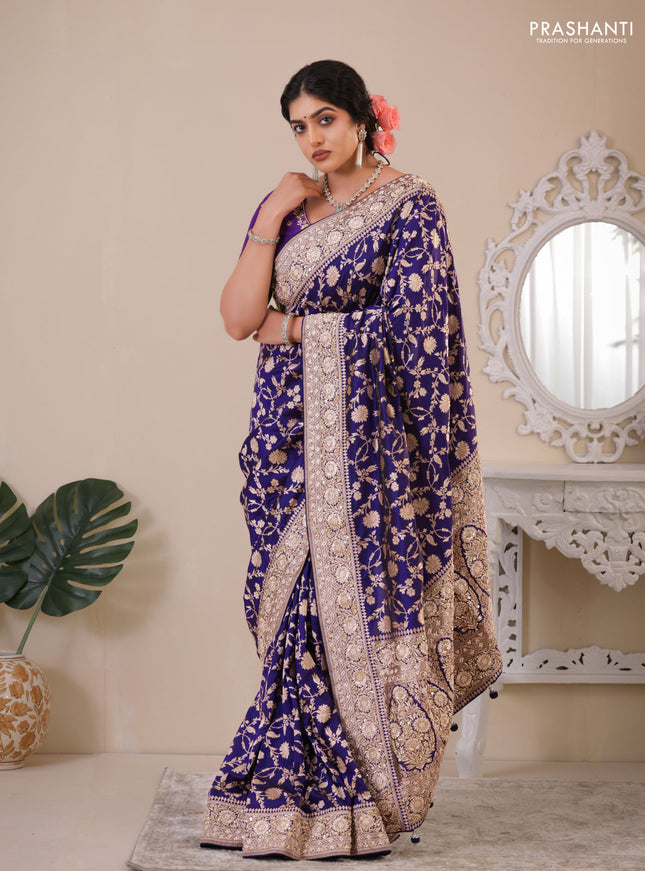 Violet Banarasi Uppada silk saree with allover zari weaves & embroidery border