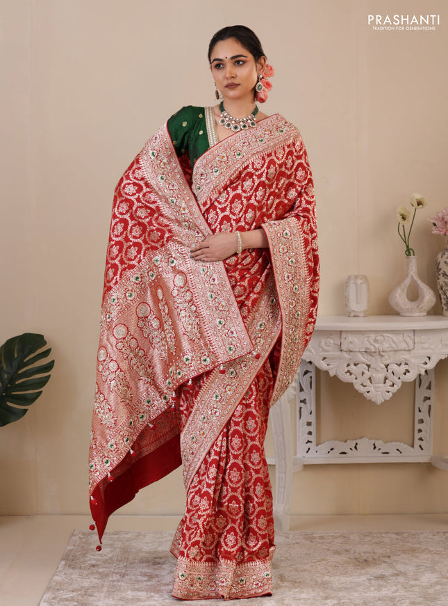 Red Banarasi Uppada silk saree with allover zari weaves & embroidery border