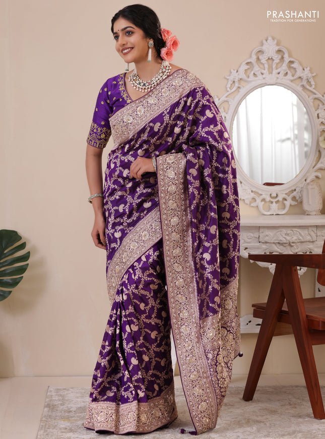 Violet Banarasi Uppada silk saree with allover zari weaves & embroidery border