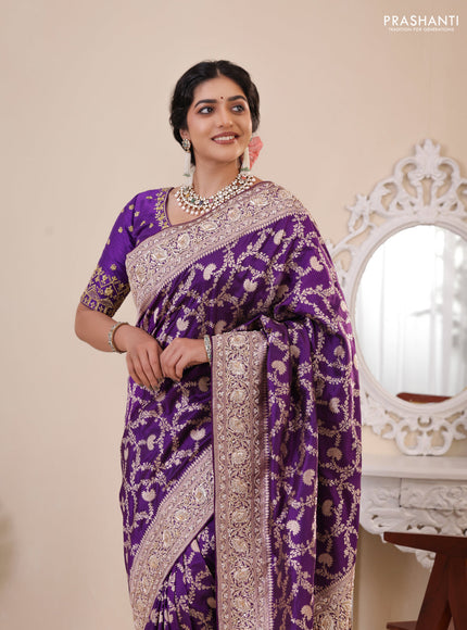 Violet Banarasi Uppada silk saree with allover zari weaves & embroidery border