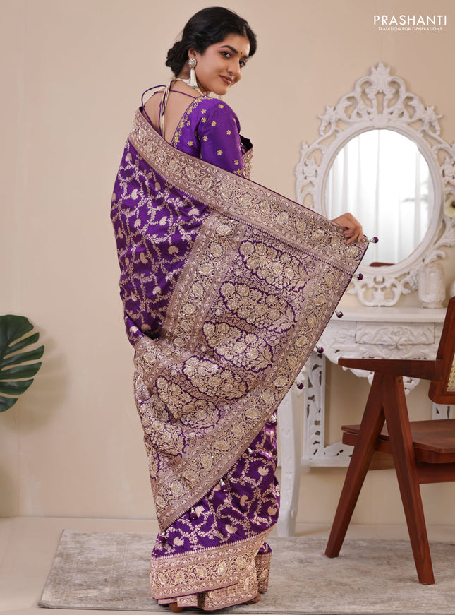 Violet Banarasi Uppada silk saree with allover zari weaves & embroidery border