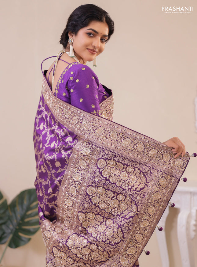 Violet Banarasi Uppada silk saree with allover zari weaves & embroidery border