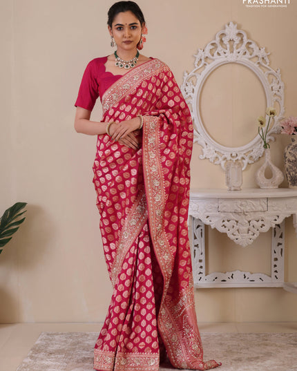 Pink Banarasi Uppada silk saree with allover zari woven buttas & embroidery border