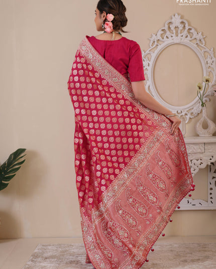 Pink Banarasi Uppada silk saree with allover zari woven buttas & embroidery border