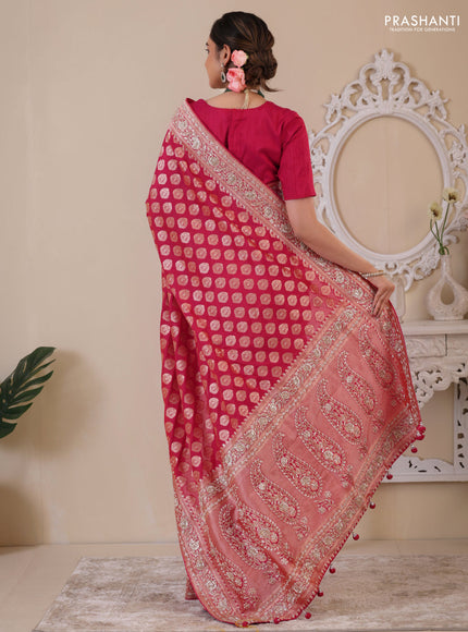 Pink Banarasi Uppada silk saree with allover zari woven buttas & embroidery border