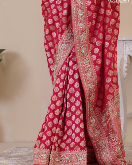 Pink Banarasi Uppada silk saree with allover zari woven buttas & embroidery border