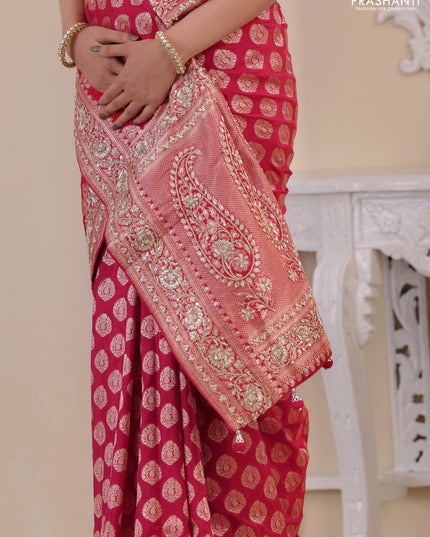 Pink Banarasi Uppada silk saree with allover zari woven buttas & embroidery border