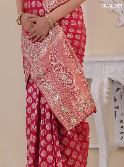 Pink Banarasi Uppada silk saree with allover zari woven buttas & embroidery border