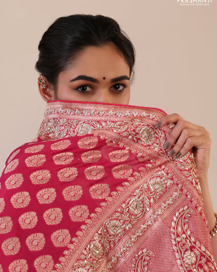 Pink Banarasi Uppada silk saree with allover zari woven buttas & embroidery border