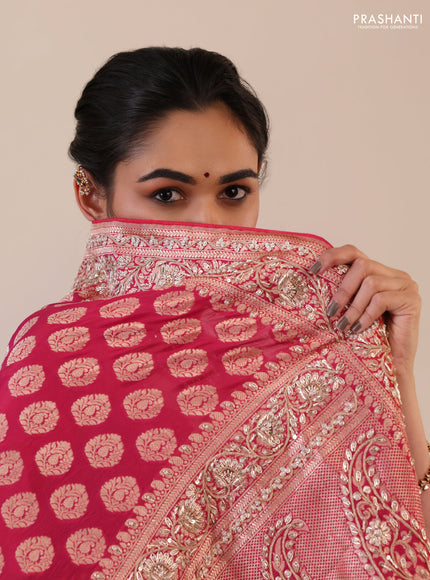 Pink Banarasi Uppada silk saree with allover zari woven buttas & embroidery border