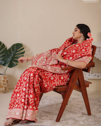 Red Banarasi Uppada silk saree with allover zari weaves & embroidery border