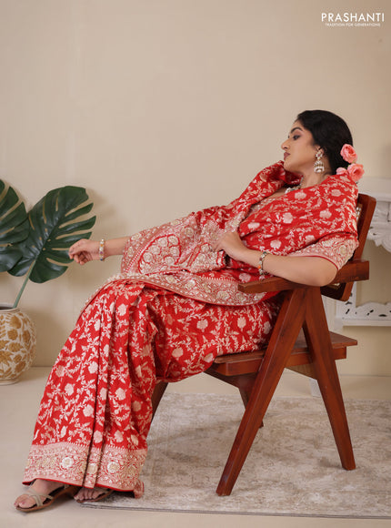 Red Banarasi Uppada silk saree with allover zari weaves & embroidery border