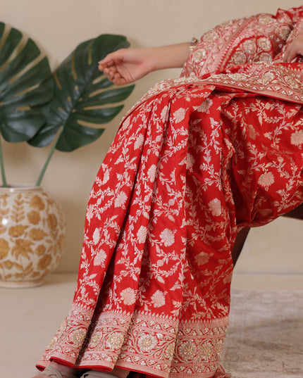 Red Banarasi Uppada silk saree with allover zari weaves & embroidery border