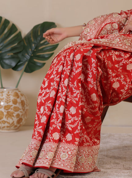 Red Banarasi Uppada silk saree with allover zari weaves & embroidery border