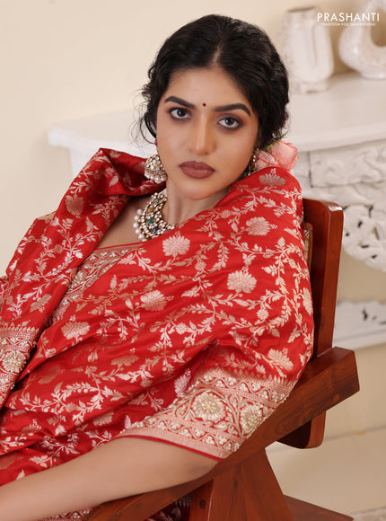 Red Banarasi Uppada silk saree with allover zari weaves & embroidery border