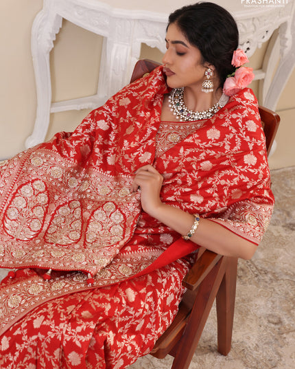 Red Banarasi Uppada silk saree with allover zari weaves & embroidery border
