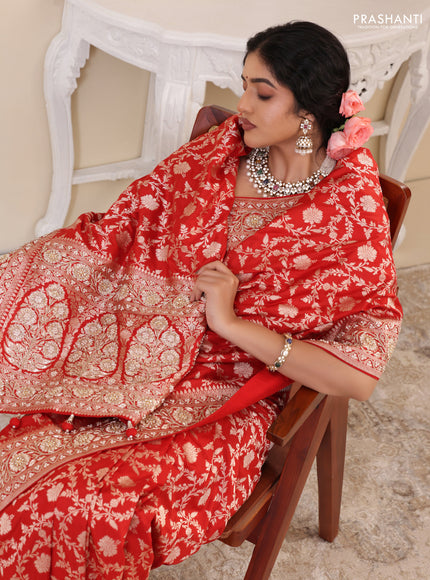 Red Banarasi Uppada silk saree with allover zari weaves & embroidery border