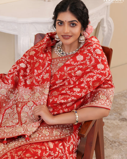 Red Banarasi Uppada silk saree with allover zari weaves & embroidery border