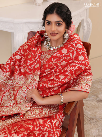 Red Banarasi Uppada silk saree with allover zari weaves & embroidery border