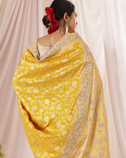 Mango yellow Banarasi Uppada silk saree with allover zari weaves & embroidery border
