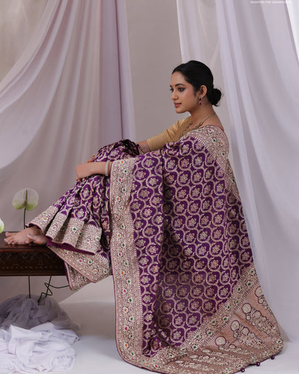 Purple Banarasi Uppada silk saree with allover zari weaves & embroidery border