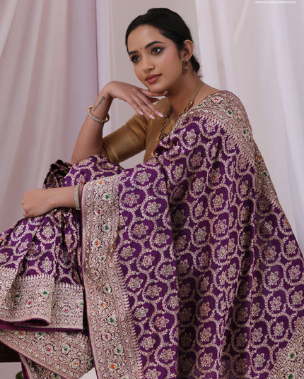 Purple Banarasi Uppada silk saree with allover zari weaves & embroidery border