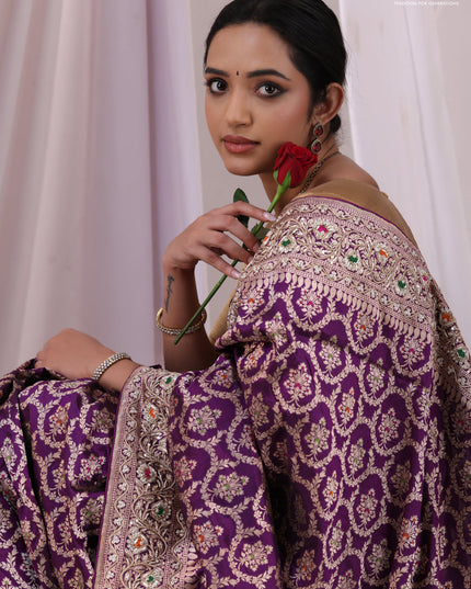 Purple Banarasi Uppada silk saree with allover zari weaves & embroidery border