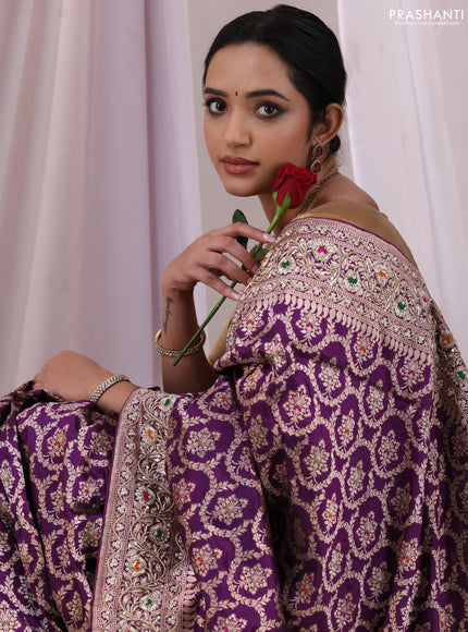 Purple Banarasi Uppada silk saree with allover zari weaves & embroidery border