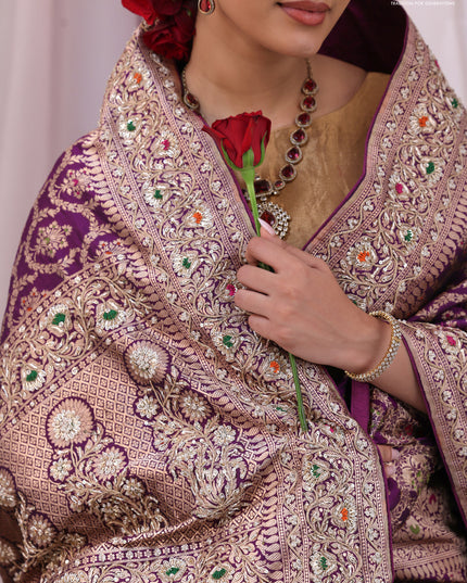 Purple Banarasi Uppada silk saree with allover zari weaves & embroidery border