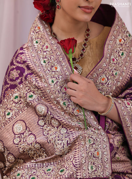 Purple Banarasi Uppada silk saree with allover zari weaves & embroidery border
