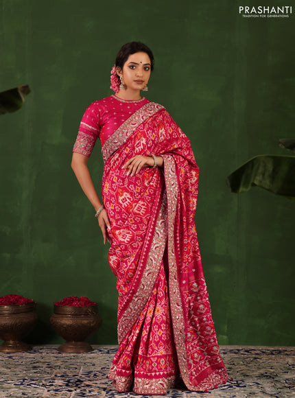 Pink Pochampally silk saree with allover ikat weaves and Embroidered border