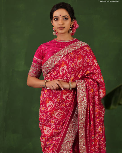 Pink Pochampally silk saree with allover ikat weaves and Embroidered border