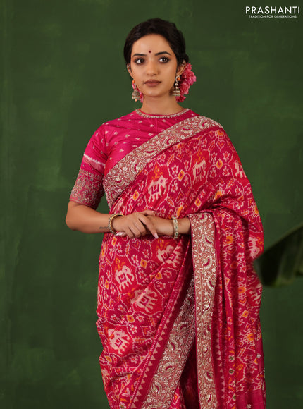 Pink Pochampally silk saree with allover ikat weaves and Embroidered border