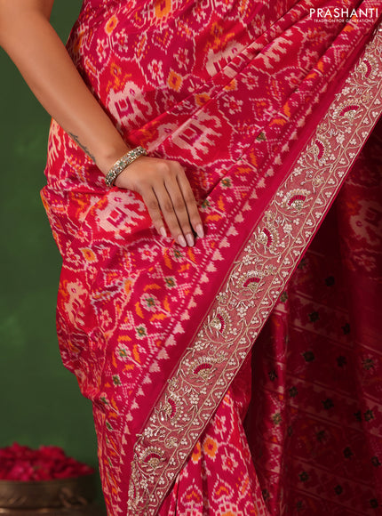 Pink Pochampally silk saree with allover ikat weaves and Embroidered border