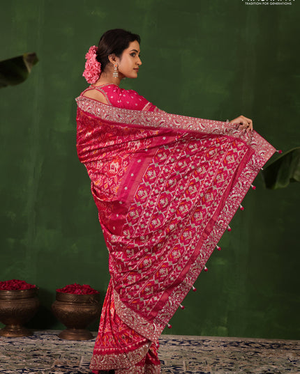 Pink Pochampally silk saree with allover ikat weaves and Embroidered border