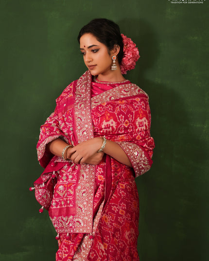 Pink Pochampally silk saree with allover ikat weaves and Embroidered border