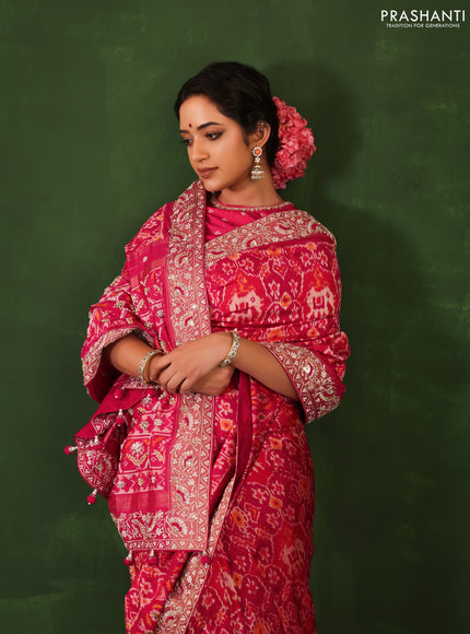 Pink Pochampally silk saree with allover ikat weaves and Embroidered border